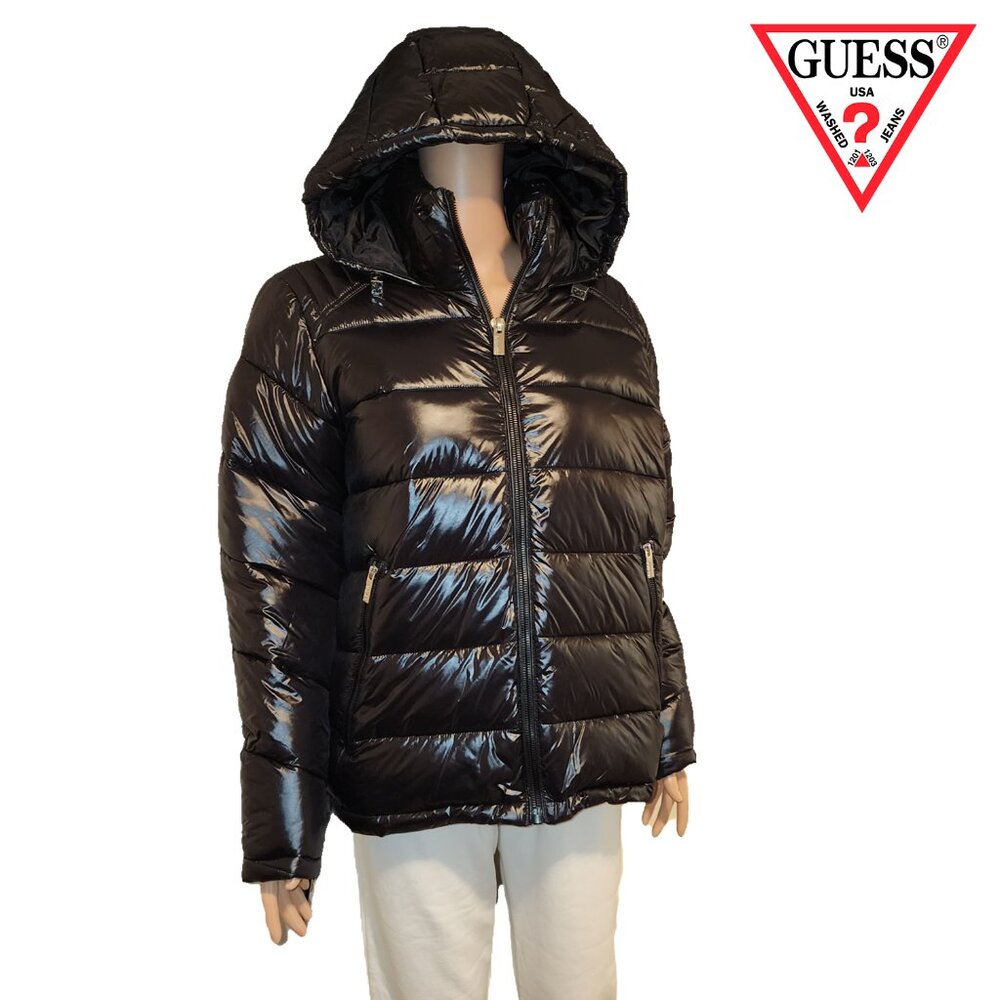 Guess Women's Hooded Puffer Coat Black, Size Large - Picture 2 of 12